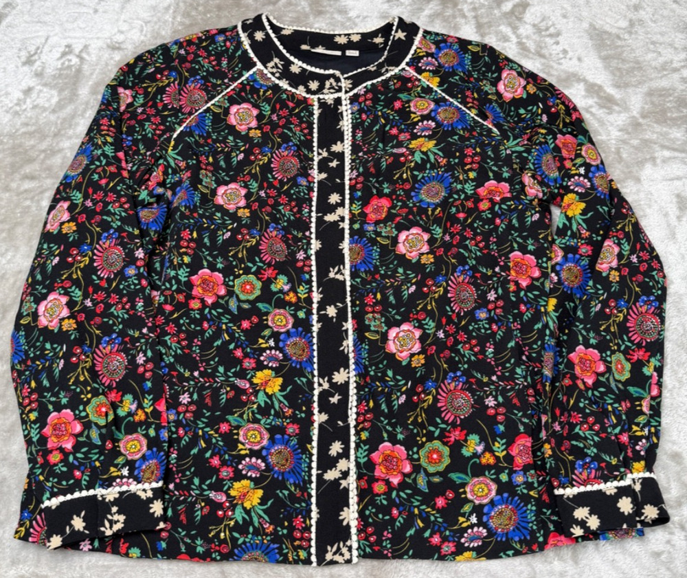 Logo by Lori Goldstein Mixed Floral Print Jacket Crochet Trim Womens Size M